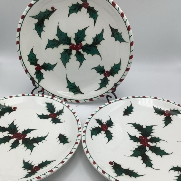 Three Vintage Lefton Hand Decorated Holly and Candy Cane Christmas Dinner Plates - Picture 1 of 8
